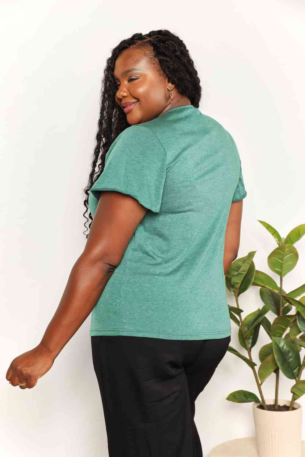 Double Take Ruched V - Neck Short Sleeve T - Shirt - TikTok - Mid Green - Bella Bourget