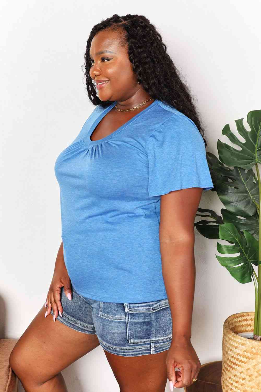 Double Take Ruched V - Neck Short Sleeve T - Shirt - TikTok - Sky Blue - Bella Bourget