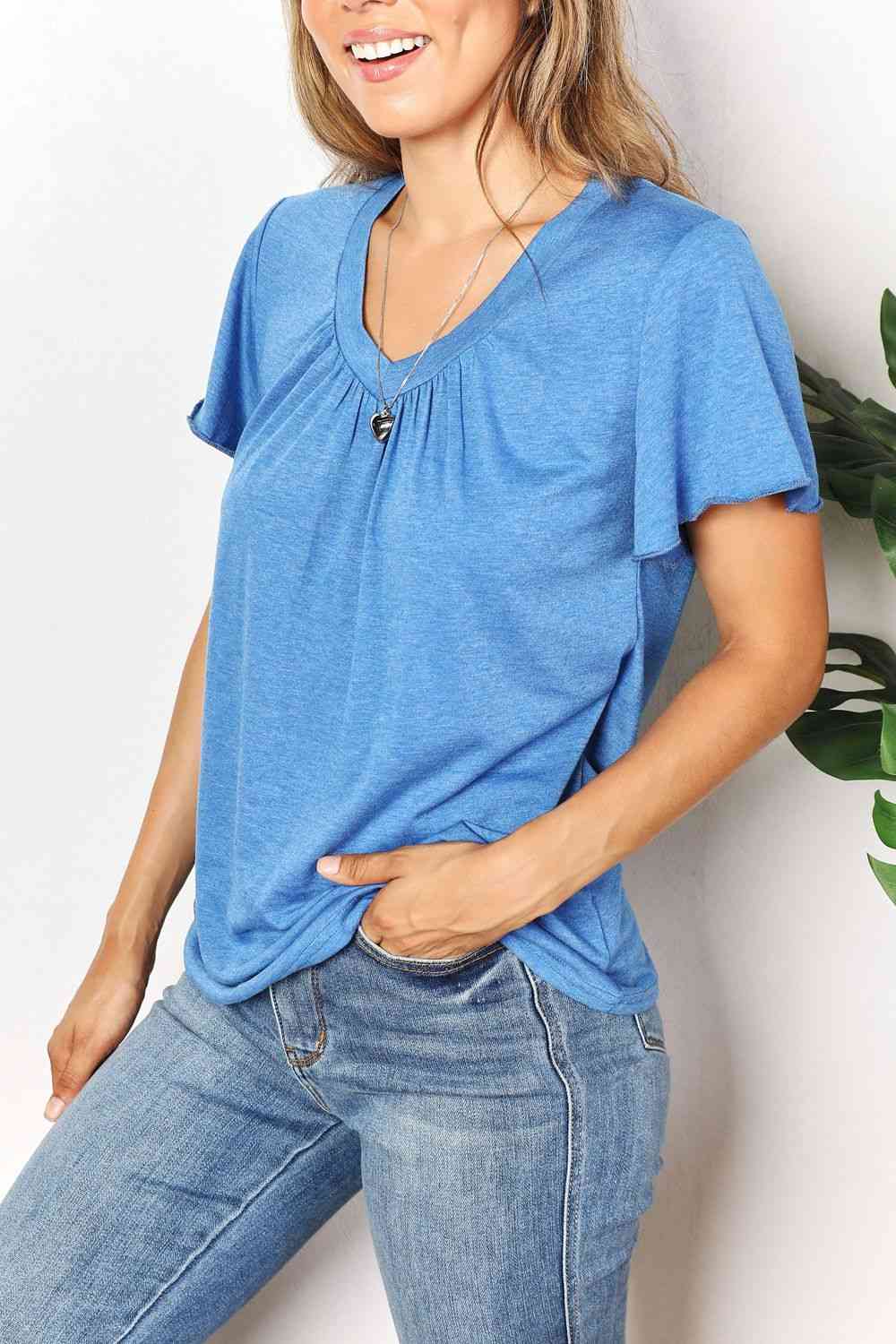 Double Take Ruched V - Neck Short Sleeve T - Shirt - TikTok - Sky Blue - Bella Bourget