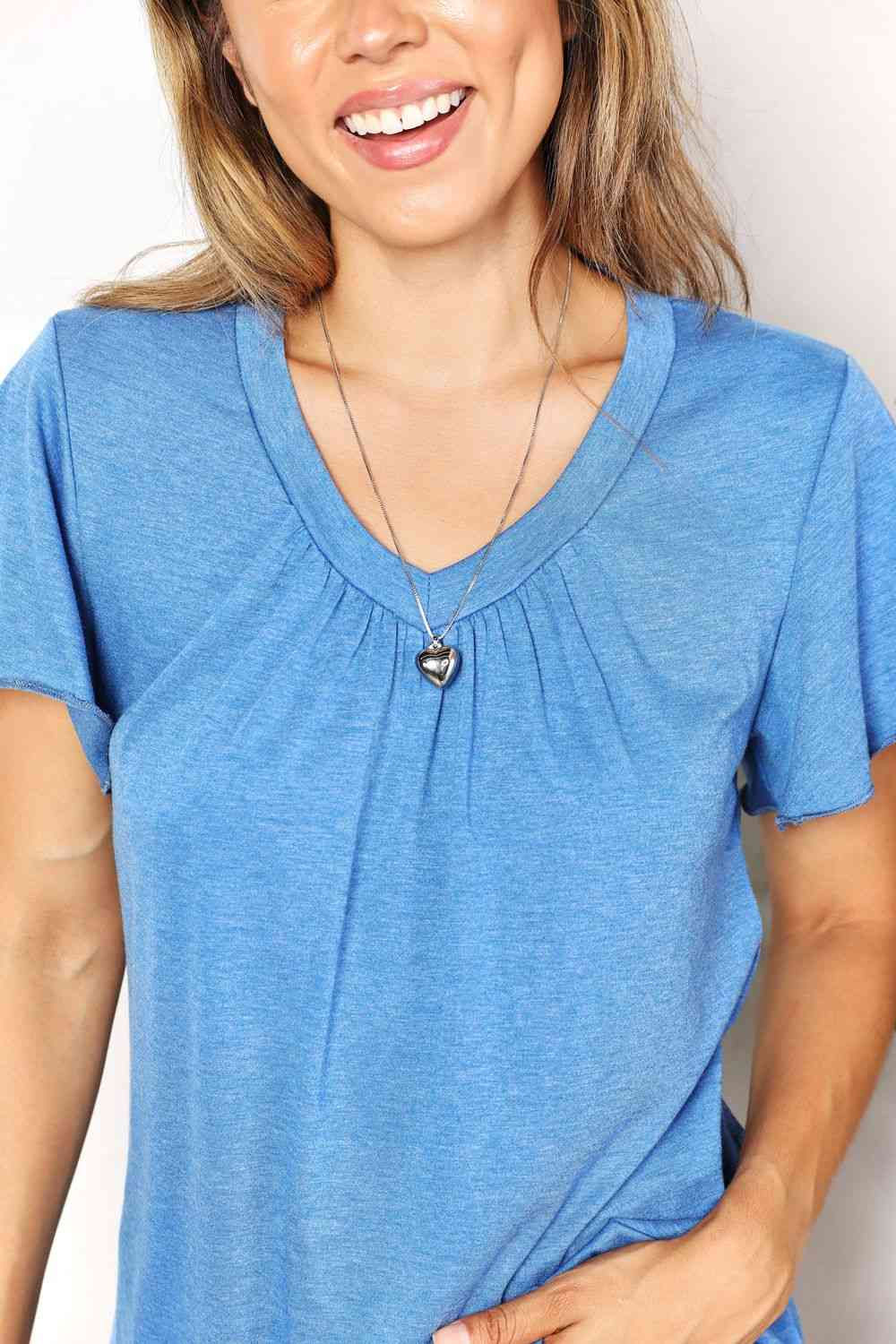 Double Take Ruched V - Neck Short Sleeve T - Shirt - TikTok - Sky Blue - Bella Bourget