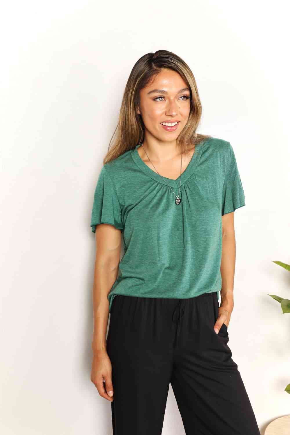 Double Take Ruched V - Neck Short Sleeve T - Shirt - TikTok - Mid Green - Bella Bourget