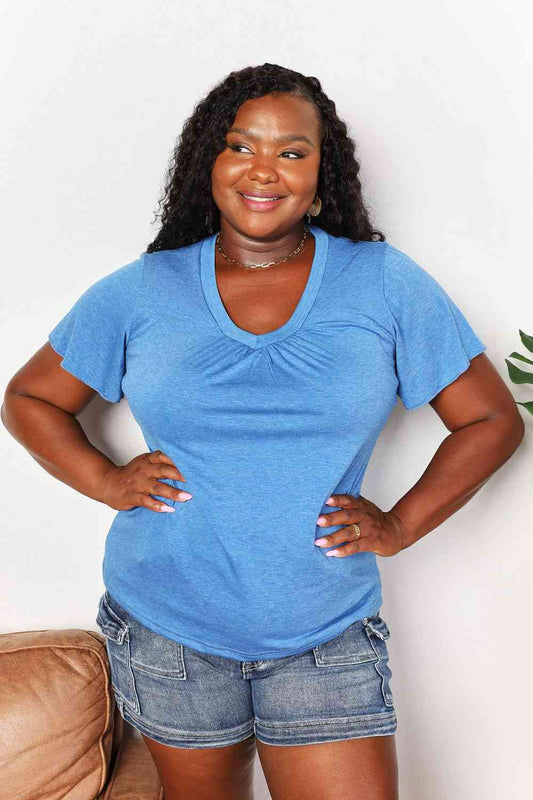 Double Take Ruched V - Neck Short Sleeve T - Shirt - TikTok - Sky Blue - Bella Bourget