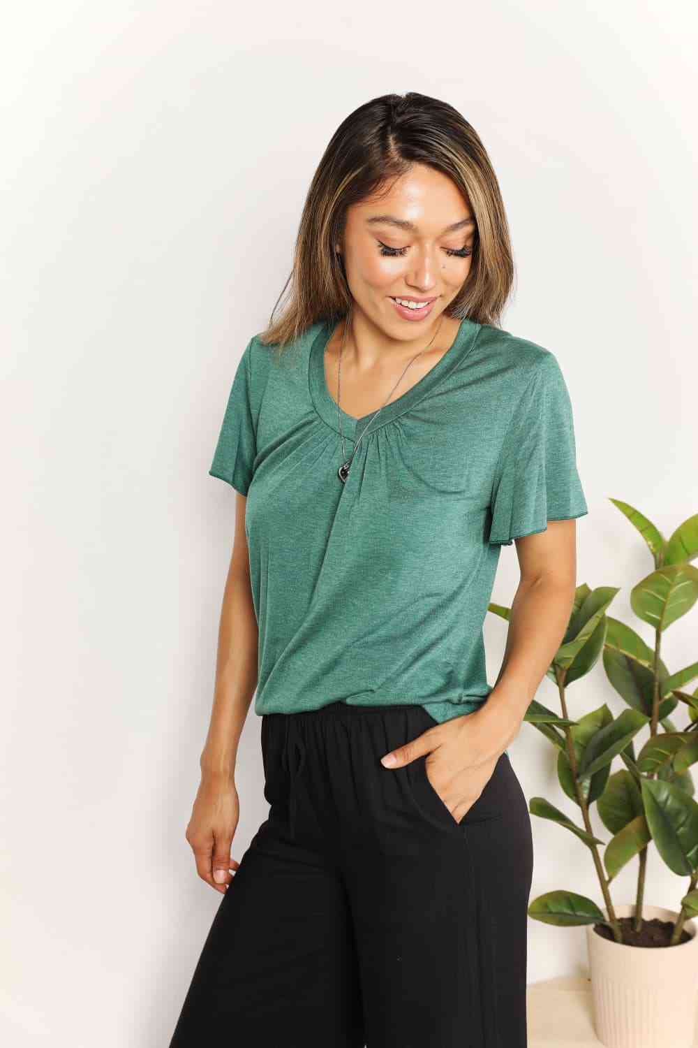 Double Take Ruched V - Neck Short Sleeve T - Shirt - TikTok - Mid Green - Bella Bourget