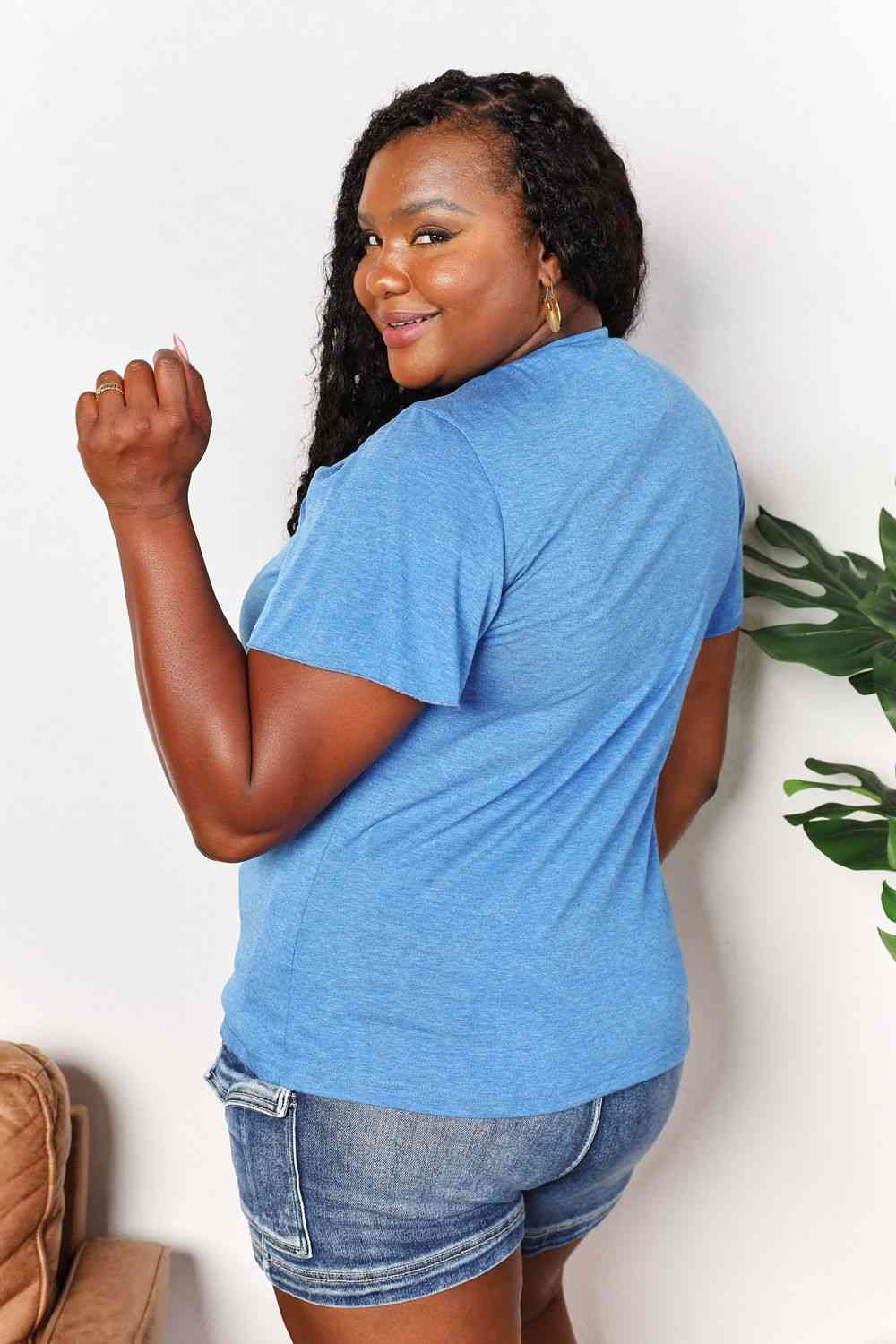 Double Take Ruched V - Neck Short Sleeve T - Shirt - TikTok - Sky Blue - Bella Bourget