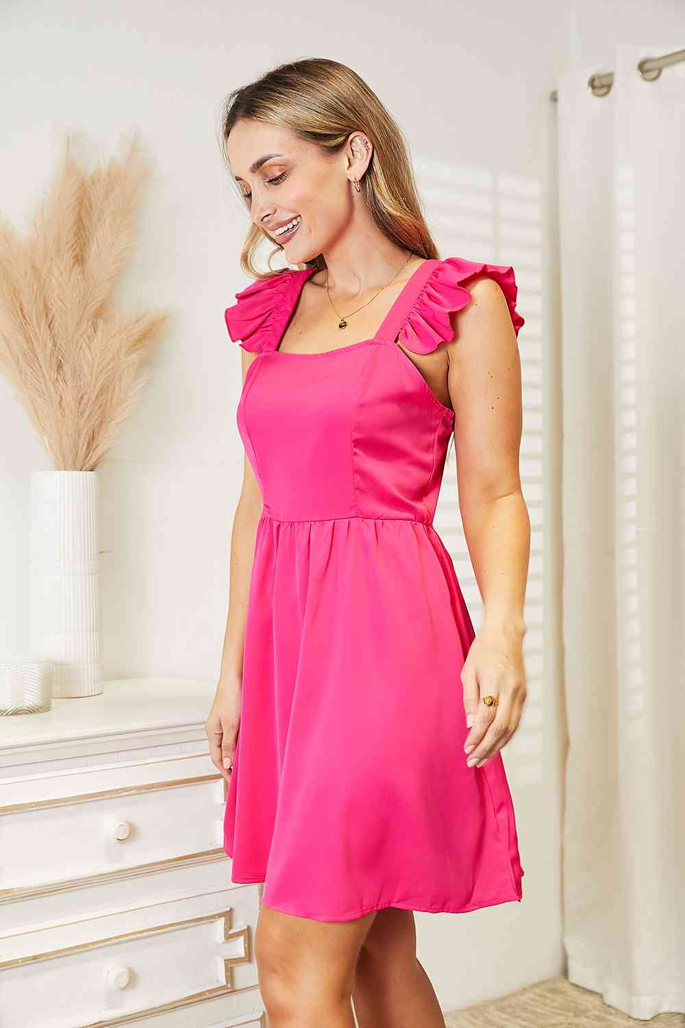 Double Take Ruffled Square Neck Dress - Dress - Hot Pink - Bella Bourget