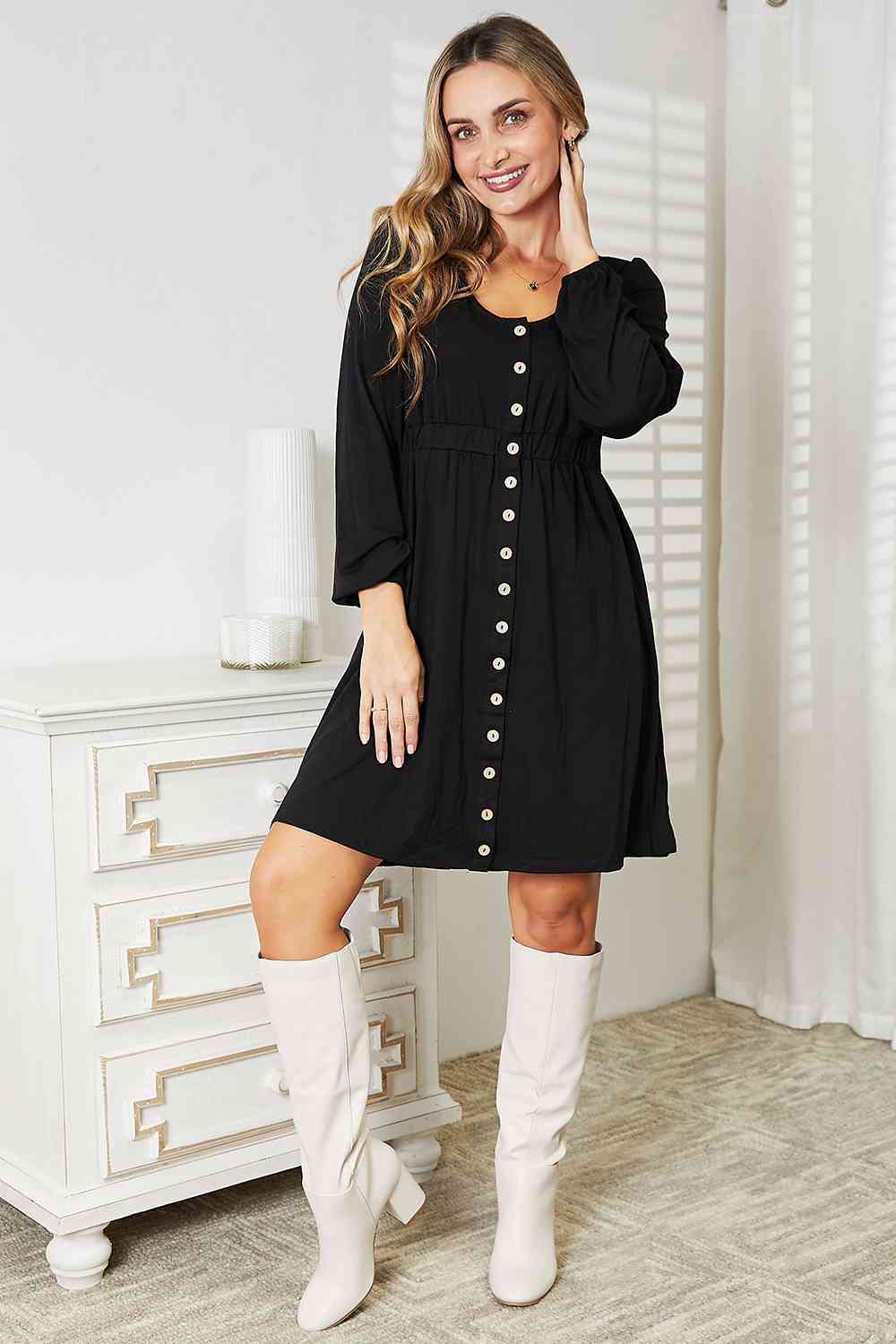 Double Take Scoop Neck Empire Waist Long Sleeve Magic Dress - Dress - Black - Bella Bourget