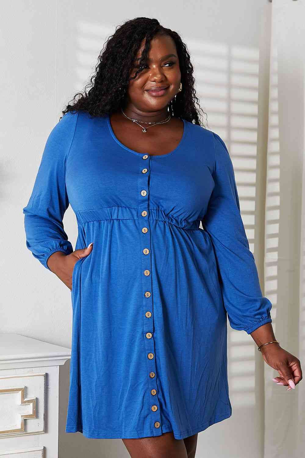 Double Take Scoop Neck Empire Waist Long Sleeve Magic Dress - Dress - Royal Blue - Bella Bourget