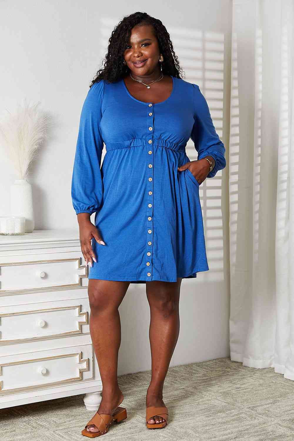 Double Take Scoop Neck Empire Waist Long Sleeve Magic Dress - Dress - Royal Blue - Bella Bourget