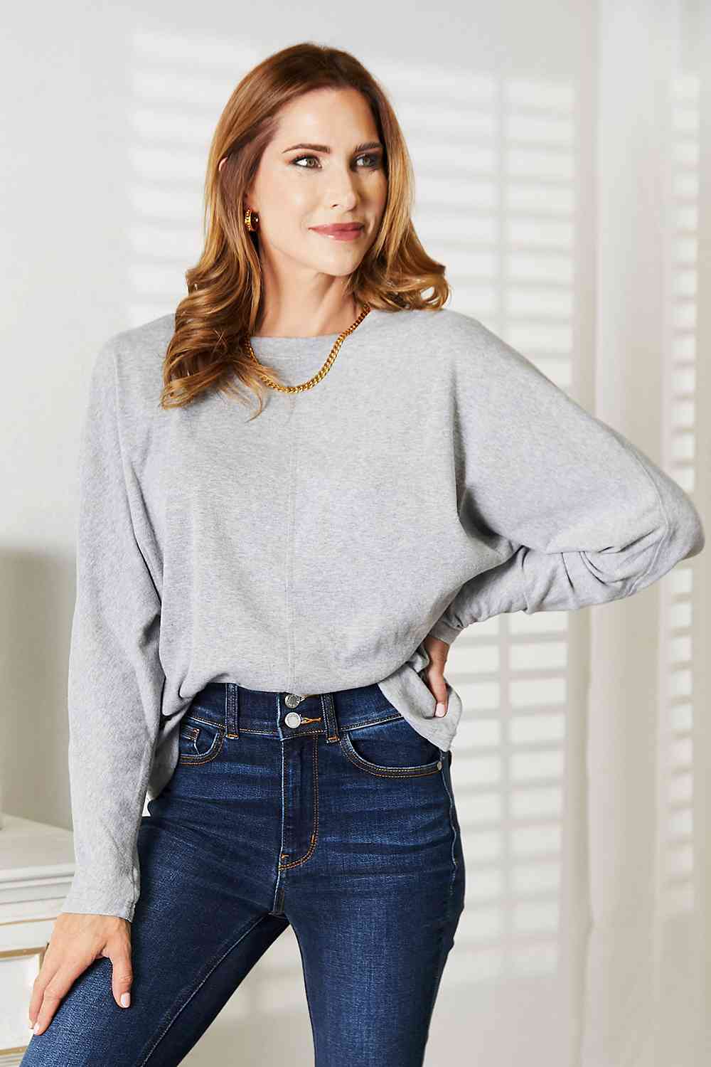 Double Take Seam Detail Round Neck Long Sleeve Top - TikTok - Light Gray - Bella Bourget