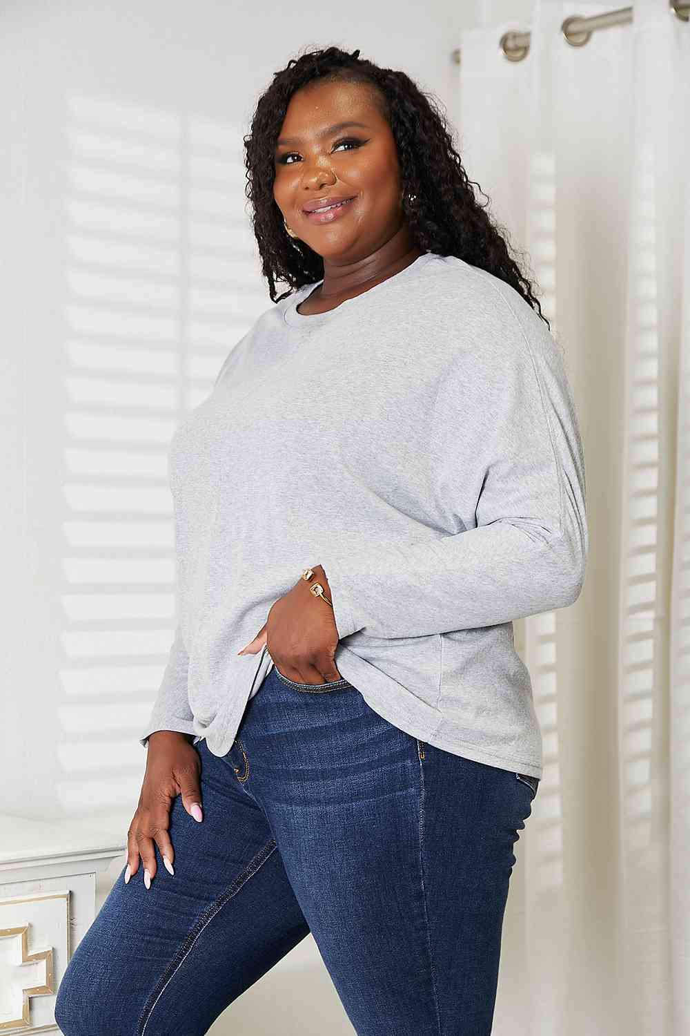 Double Take Seam Detail Round Neck Long Sleeve Top - TikTok - Light Gray - Bella Bourget