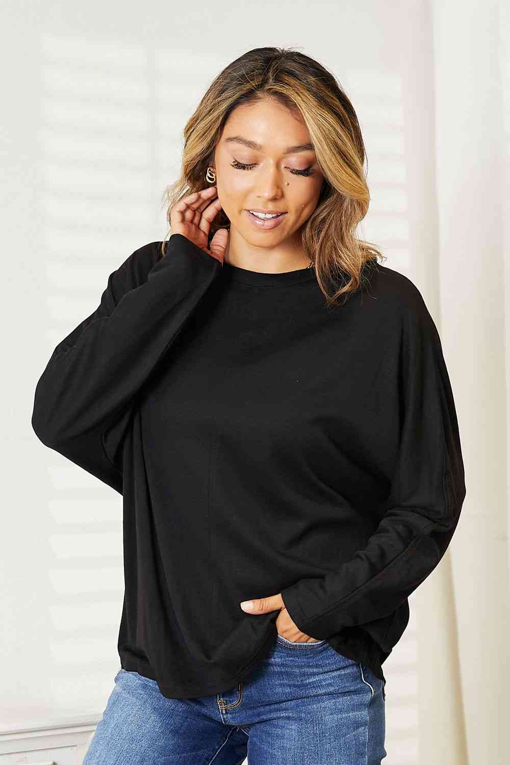 Double Take Seam Detail Round Neck Long Sleeve Top - TikTok - Black - Bella Bourget