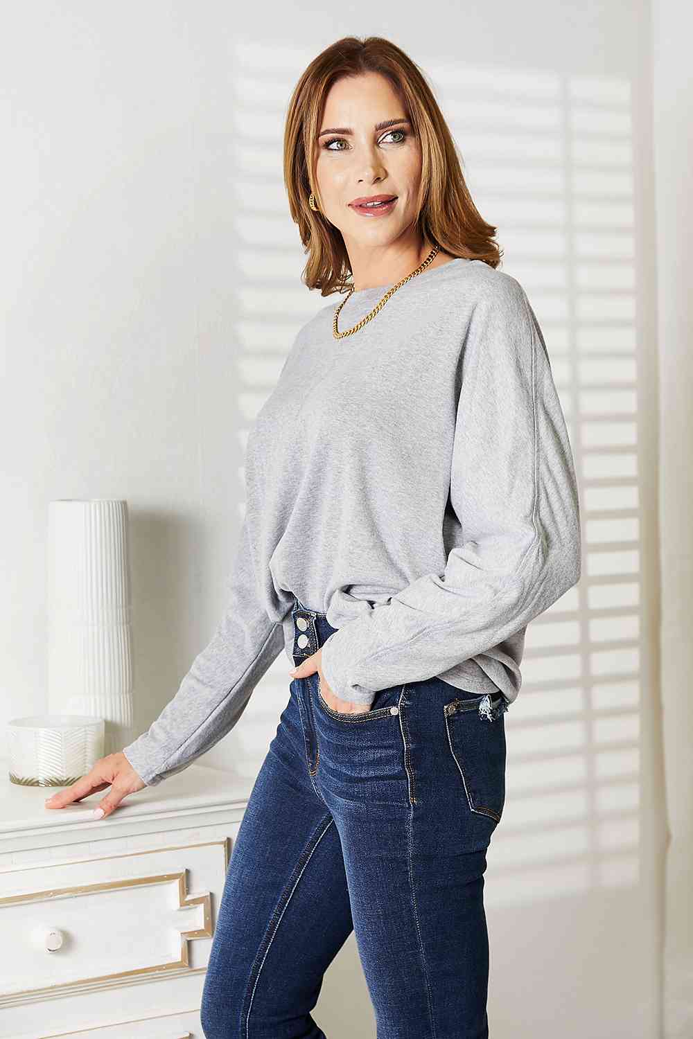 Double Take Seam Detail Round Neck Long Sleeve Top - TikTok - Light Gray - Bella Bourget