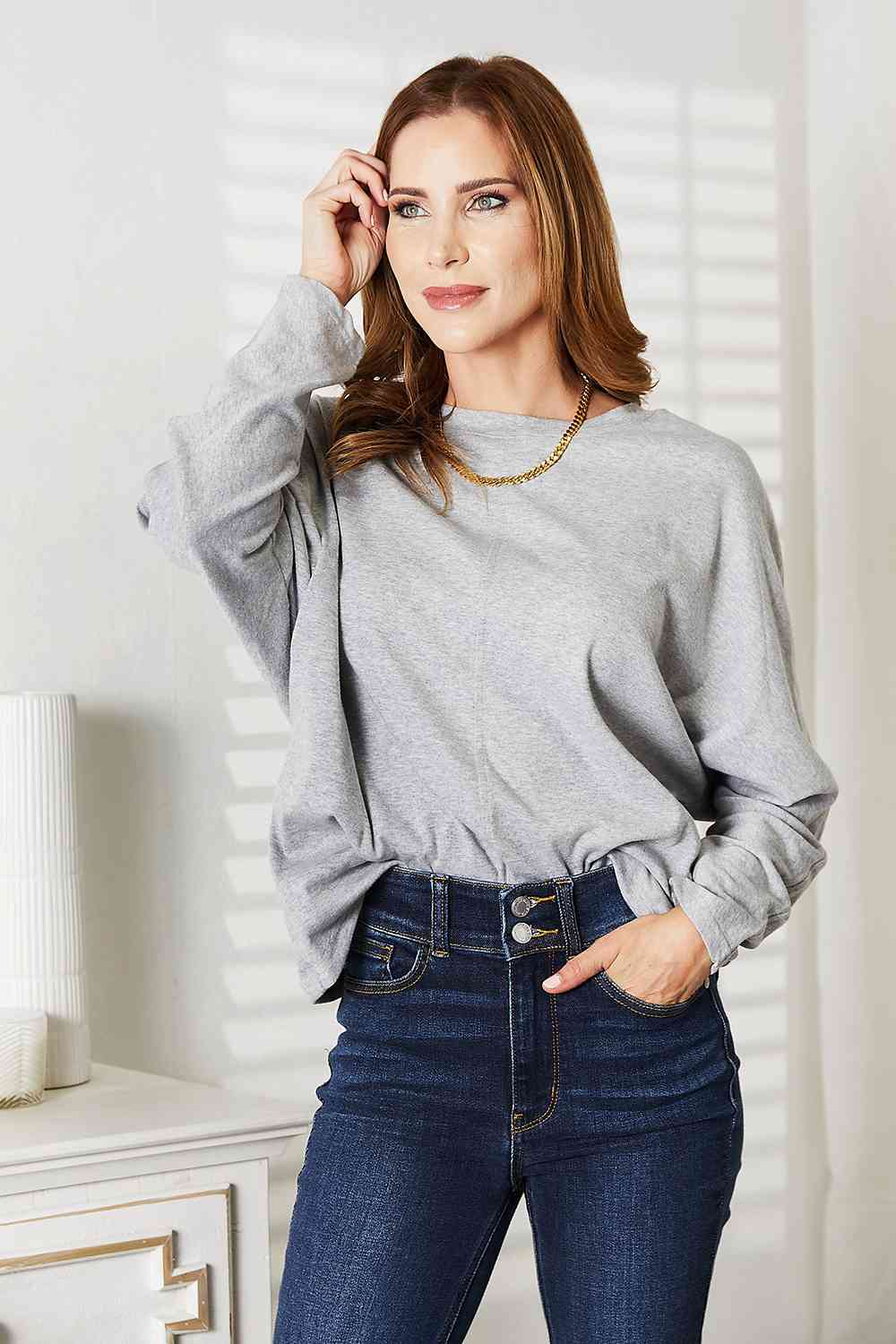 Double Take Seam Detail Round Neck Long Sleeve Top - TikTok - Light Gray - Bella Bourget