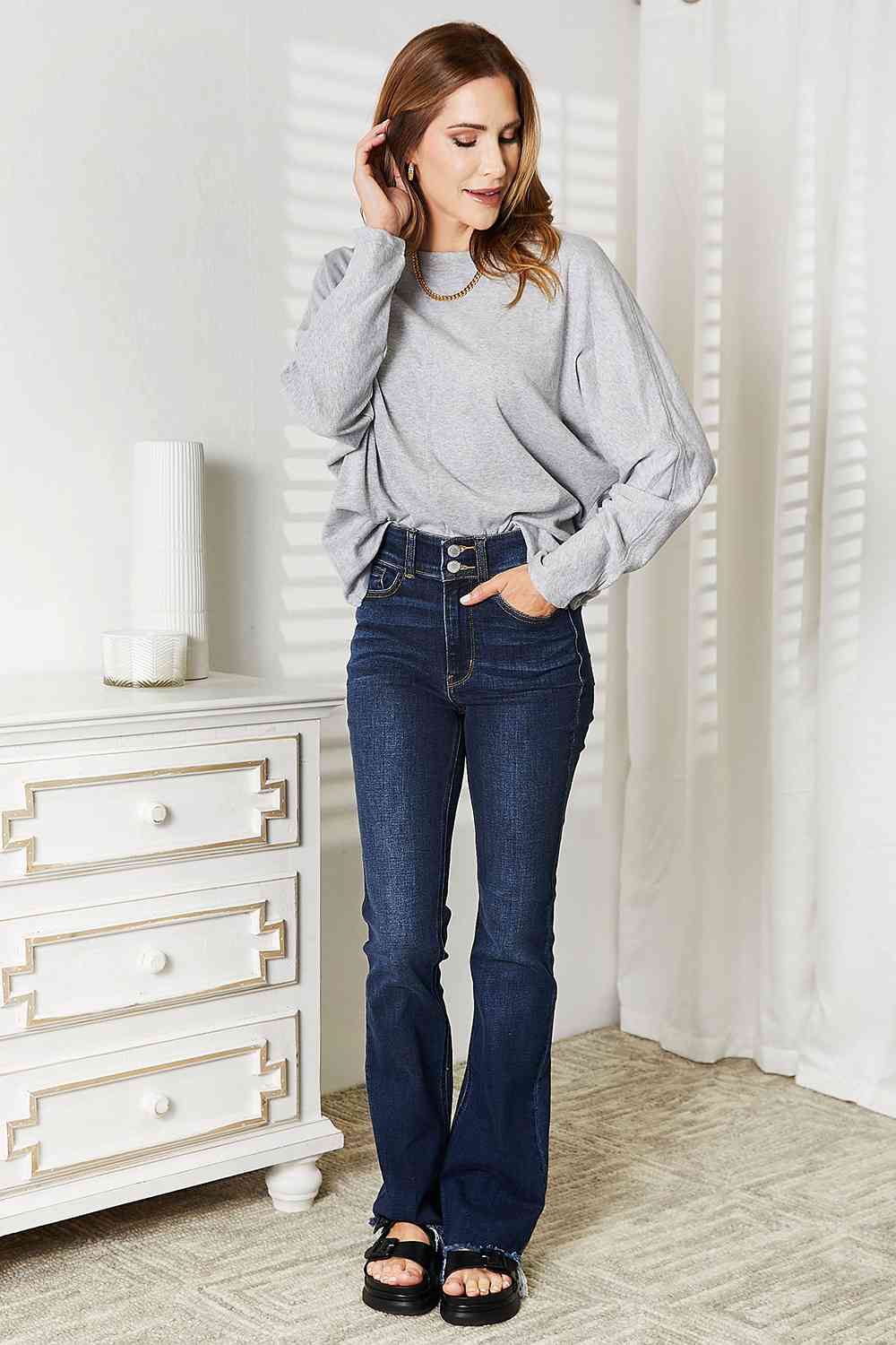 Double Take Seam Detail Round Neck Long Sleeve Top - TikTok - Light Gray - Bella Bourget