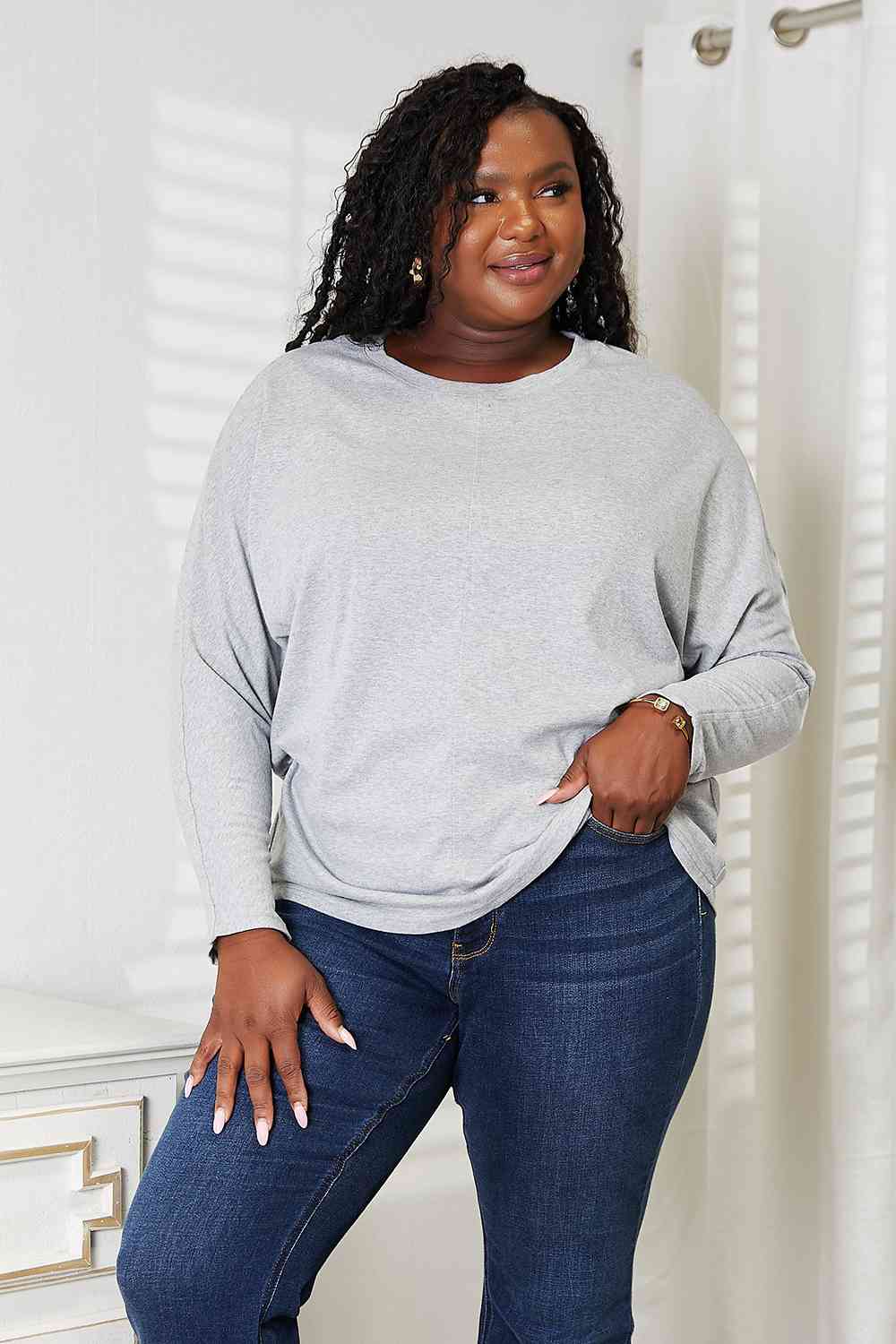 Double Take Seam Detail Round Neck Long Sleeve Top - TikTok - Light Gray - Bella Bourget