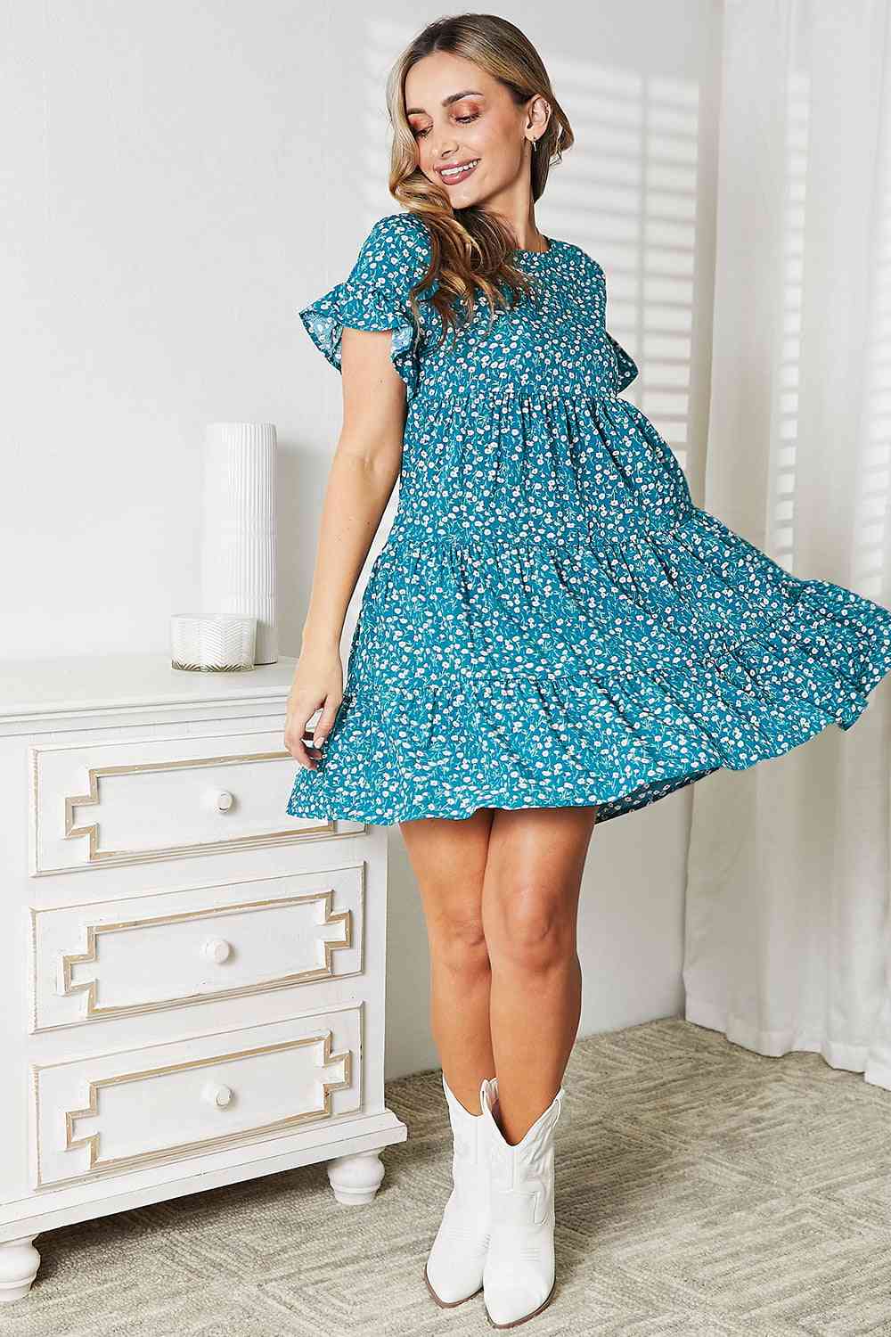 Double Take Short Flounce Sleeve Tiered Dress - Dress - Sky Blue - Bella Bourget