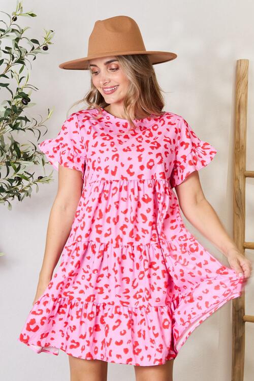 Double Take Short Flounce Sleeve Tiered Dress - Dress - Fuchsia Pink - Bella Bourget