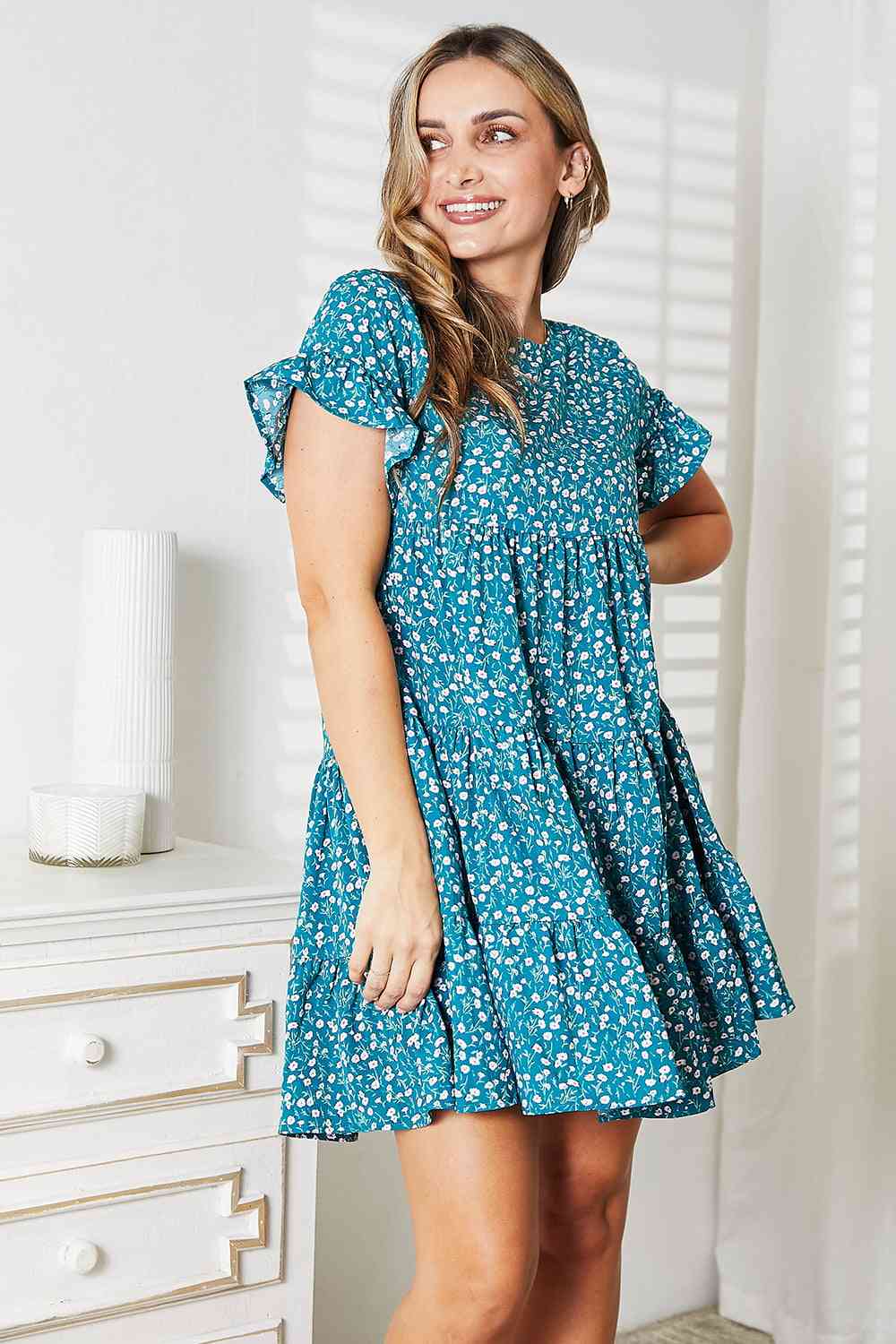 Double Take Short Flounce Sleeve Tiered Dress - Dress - Sky Blue - Bella Bourget