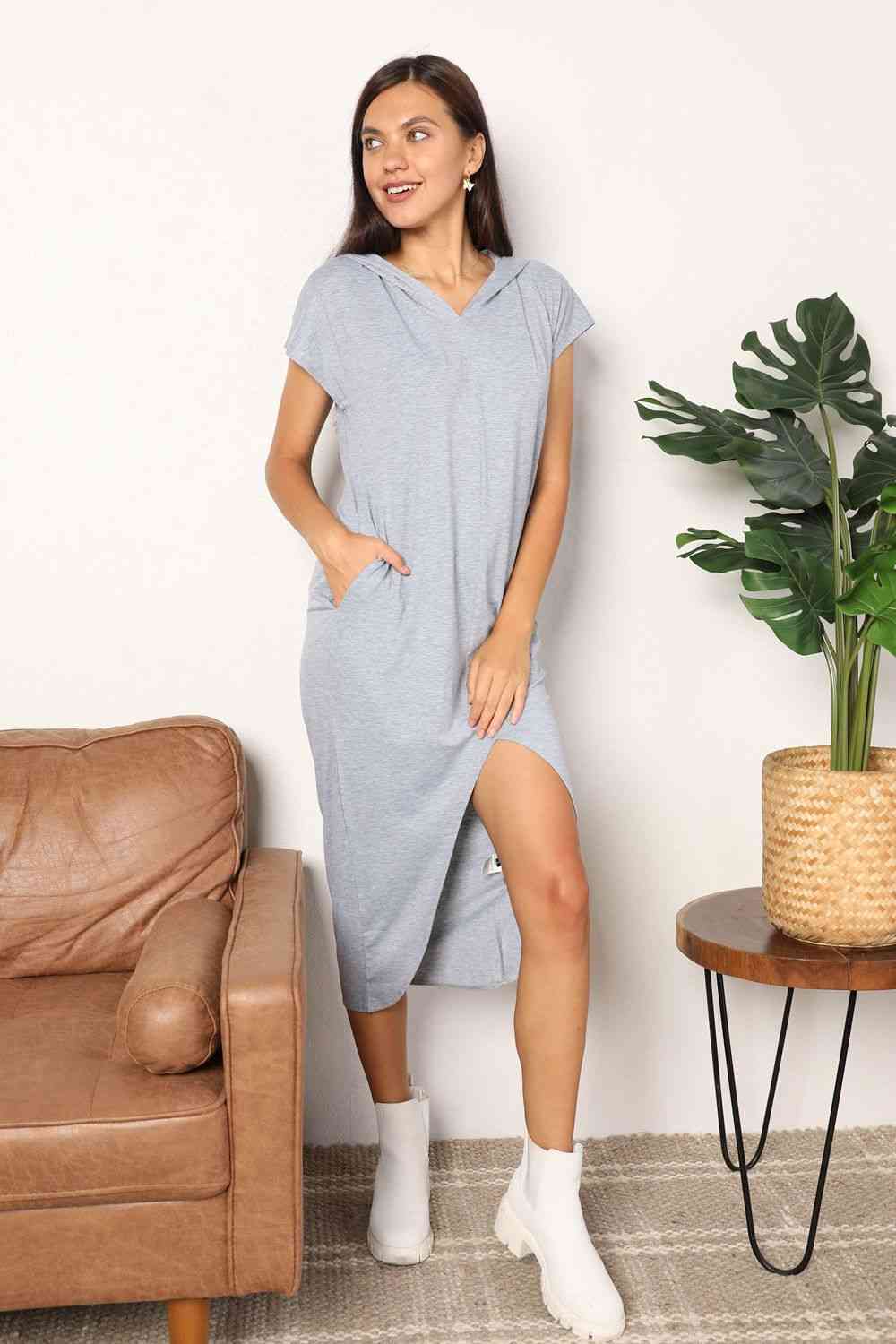 Double Take Short Sleeve Front Slit Hooded Dress - Dress - Light Gray - Bella Bourget