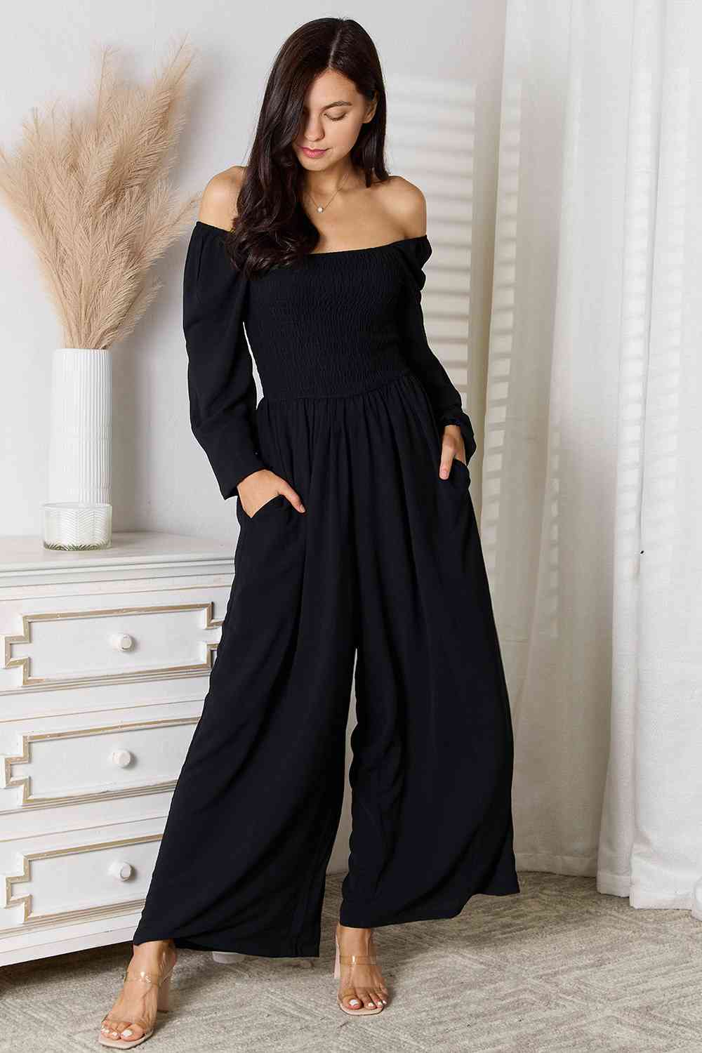 Double Take Square Neck Jumpsuit with Pockets - Black - Bella Bourget