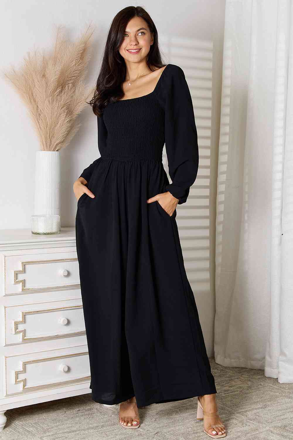 Double Take Square Neck Jumpsuit with Pockets - Black - Bella Bourget