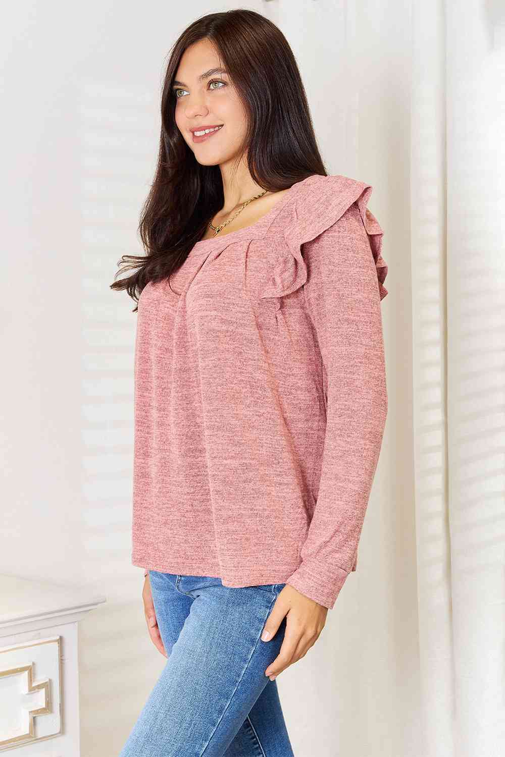 Double Take Square Neck Ruffle Shoulder Long Sleeve T - Shirt - TikTok - Light Mauve - Bella Bourget