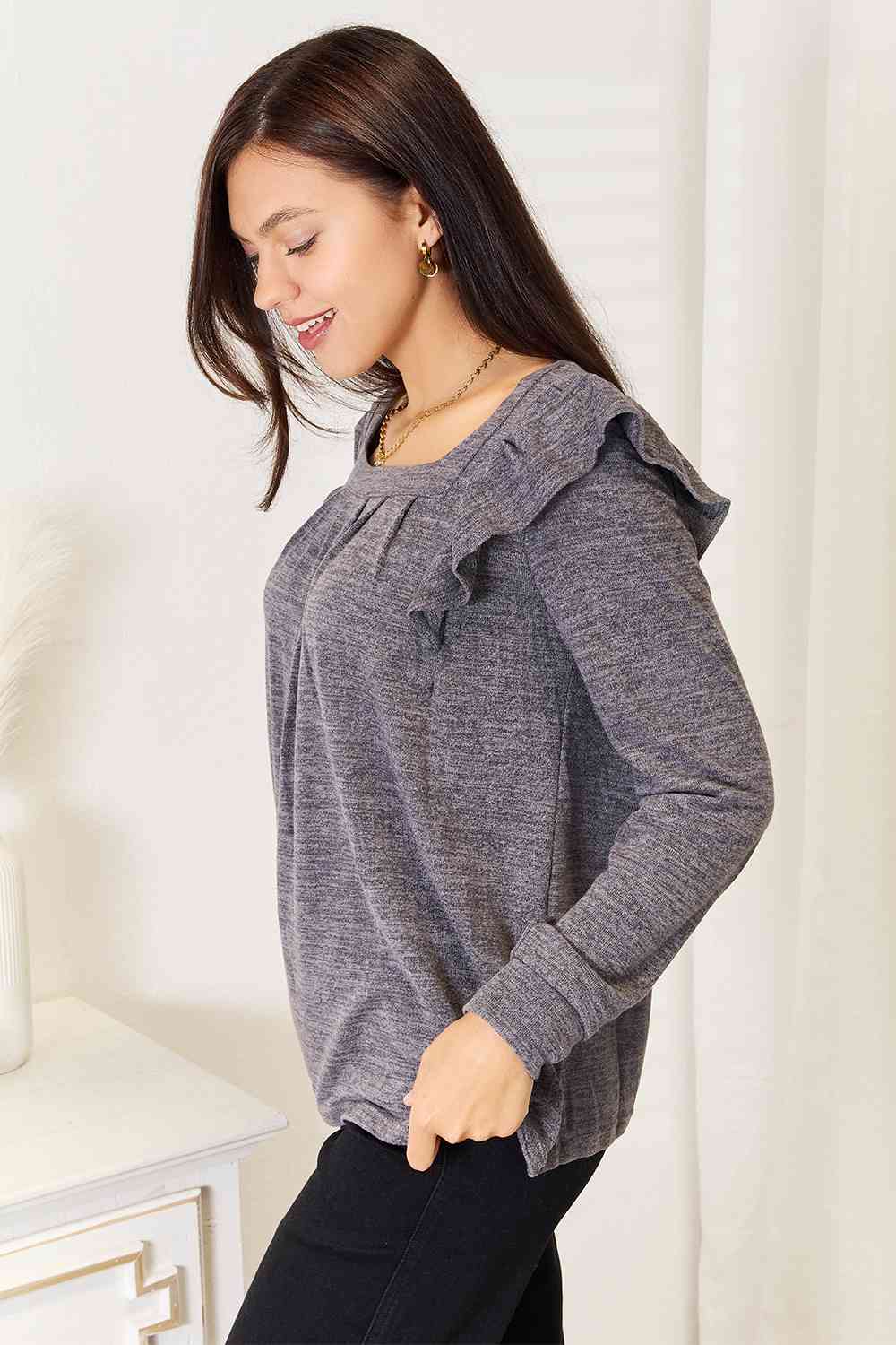 Double Take Square Neck Ruffle Shoulder Long Sleeve T - Shirt - TikTok - Charcoal - Bella Bourget