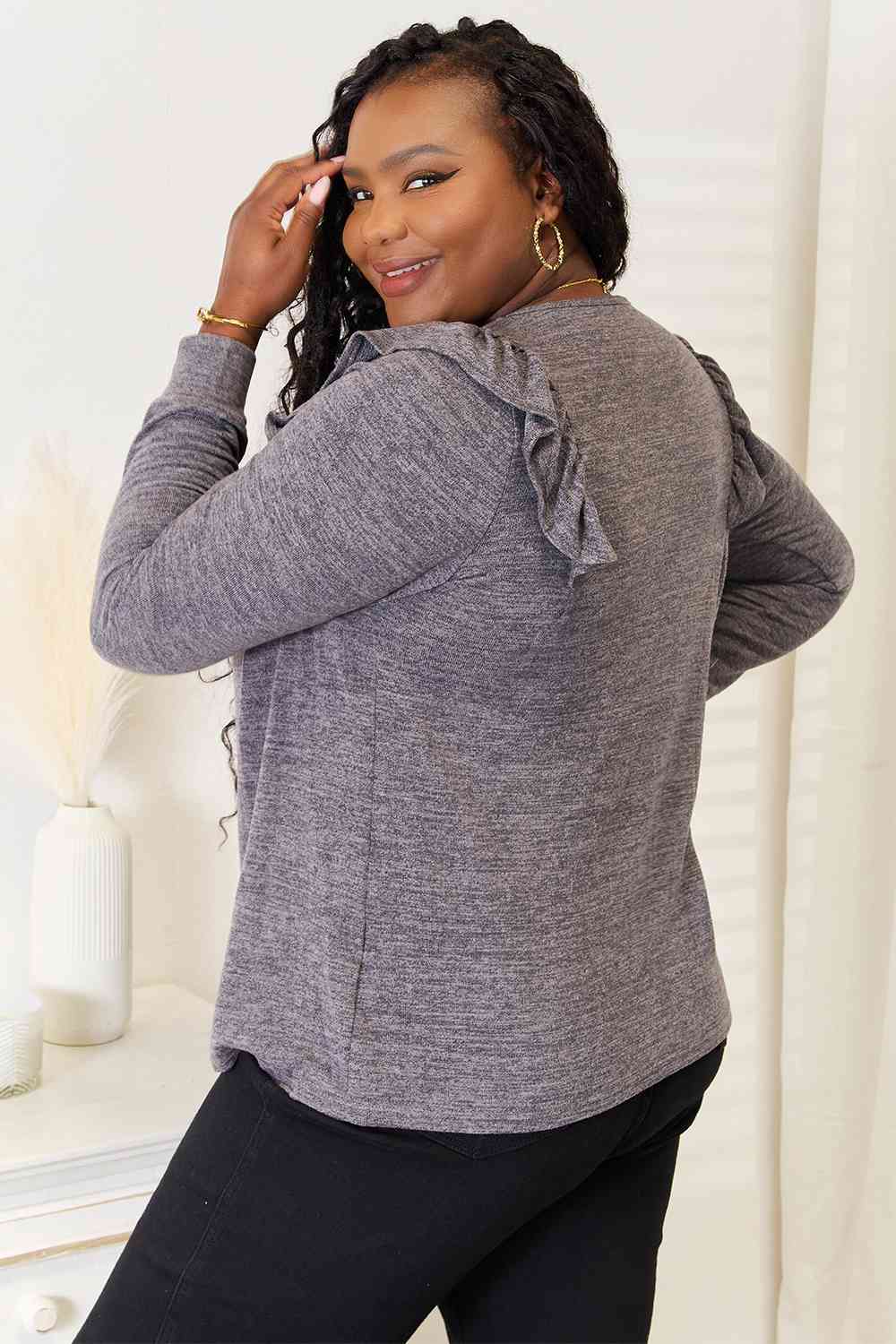 Double Take Square Neck Ruffle Shoulder Long Sleeve T - Shirt - TikTok - Charcoal - Bella Bourget