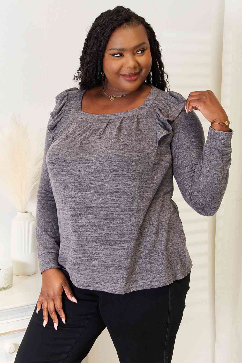 Double Take Square Neck Ruffle Shoulder Long Sleeve T - Shirt - TikTok - Charcoal - Bella Bourget