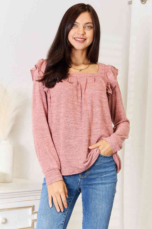 Double Take Square Neck Ruffle Shoulder Long Sleeve T - Shirt - TikTok - Light Mauve - Bella Bourget