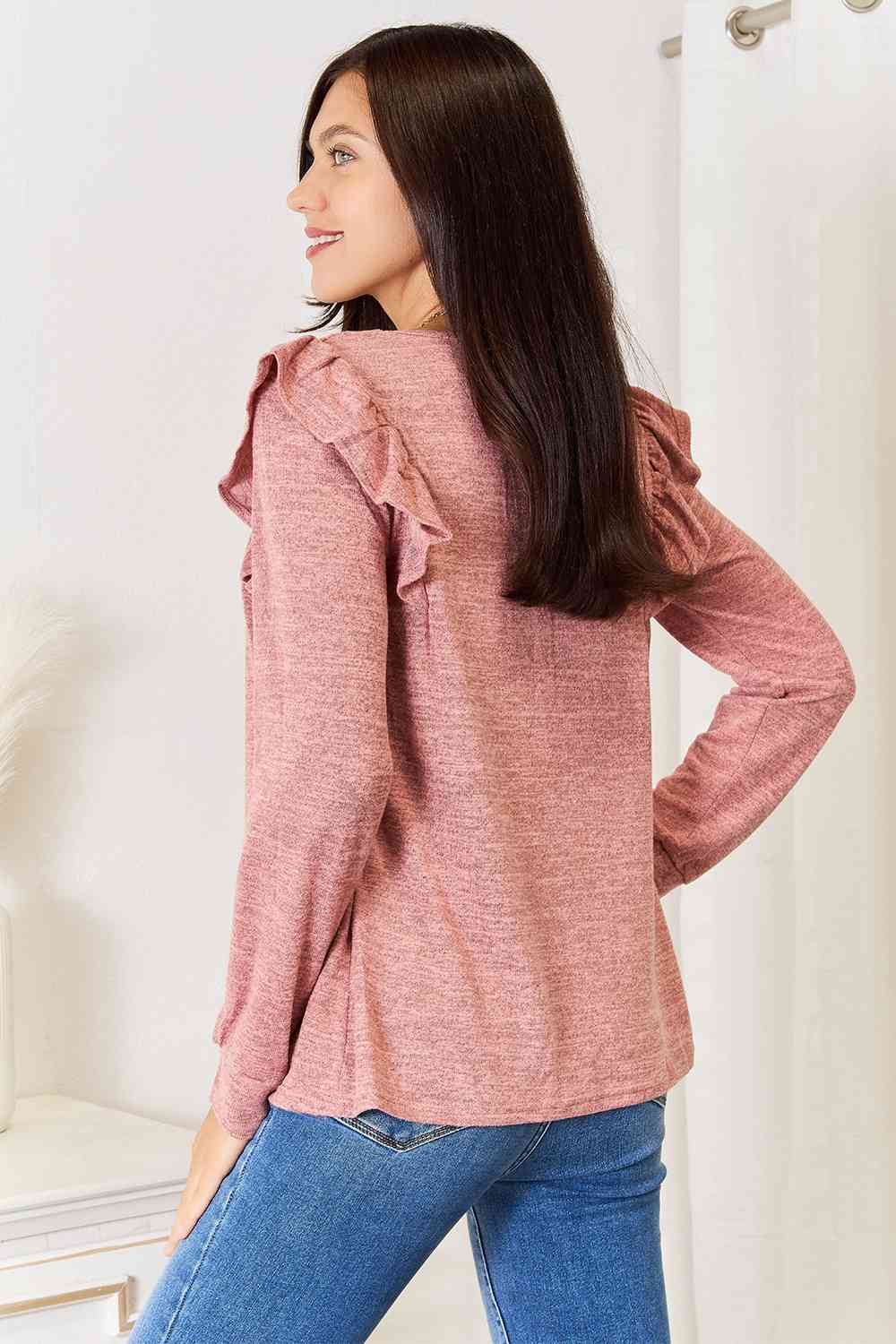 Double Take Square Neck Ruffle Shoulder Long Sleeve T - Shirt - TikTok - Light Mauve - Bella Bourget