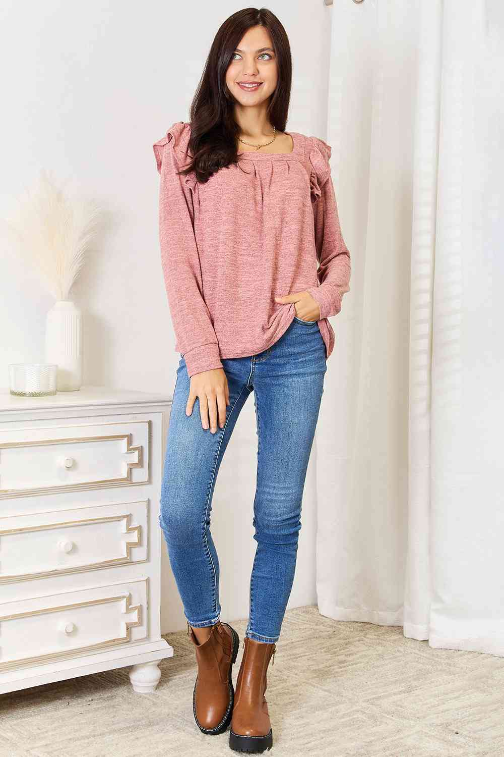 Double Take Square Neck Ruffle Shoulder Long Sleeve T - Shirt - TikTok - Light Mauve - Bella Bourget