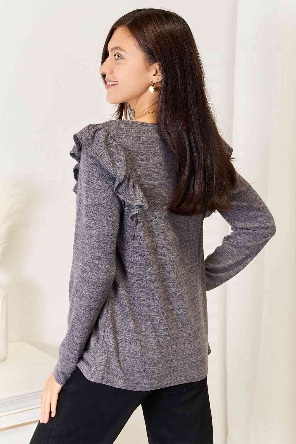 Double Take Square Neck Ruffle Shoulder Long Sleeve T - Shirt - TikTok - Charcoal - Bella Bourget