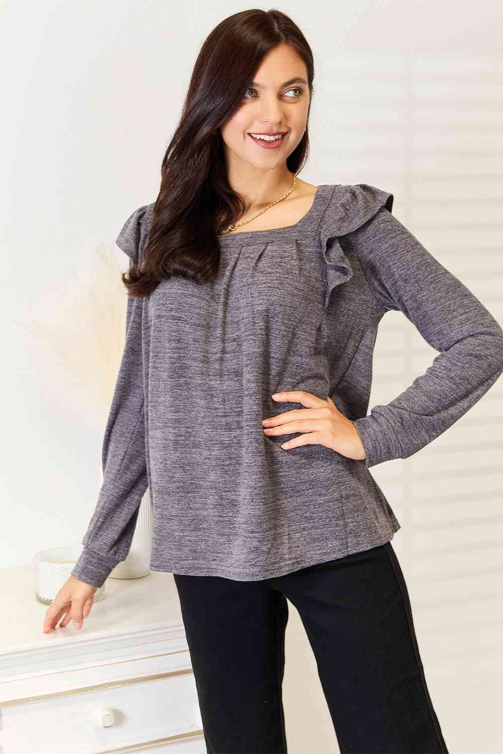 Double Take Square Neck Ruffle Shoulder Long Sleeve T - Shirt - TikTok - Charcoal - Bella Bourget