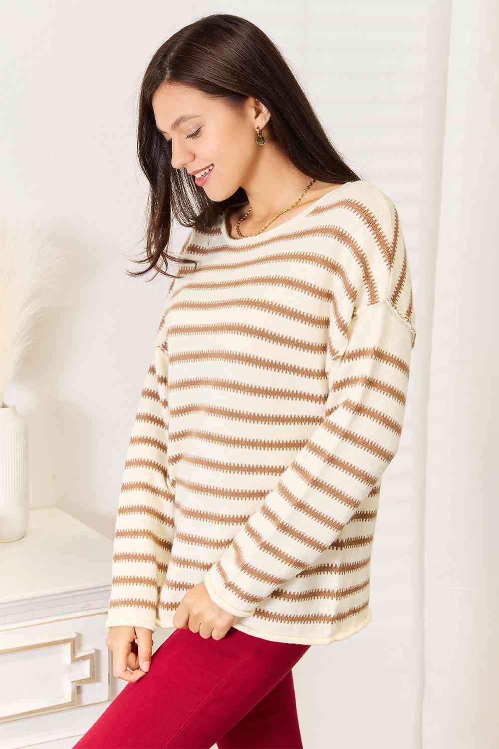 Double Take Striped Boat Neck Sweater - TikTok - Stripe - Bella Bourget