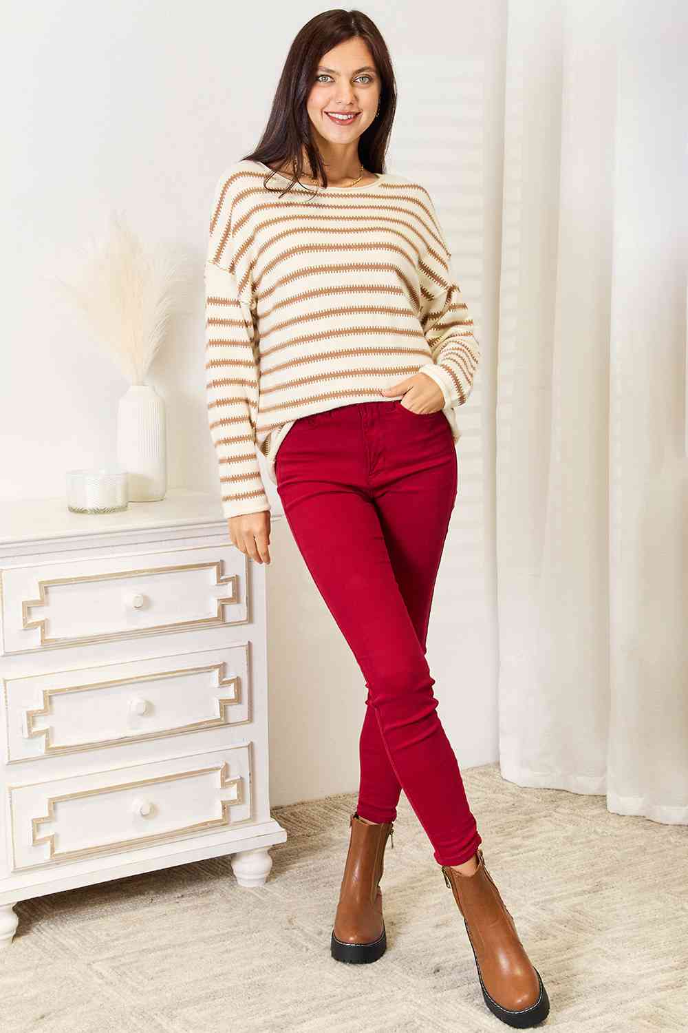 Double Take Striped Boat Neck Sweater - TikTok - Stripe - Bella Bourget