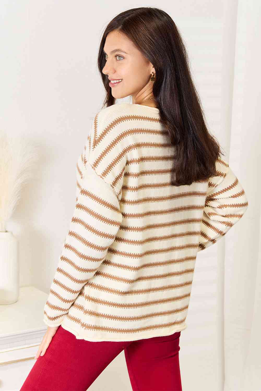 Double Take Striped Boat Neck Sweater - TikTok - Stripe - Bella Bourget