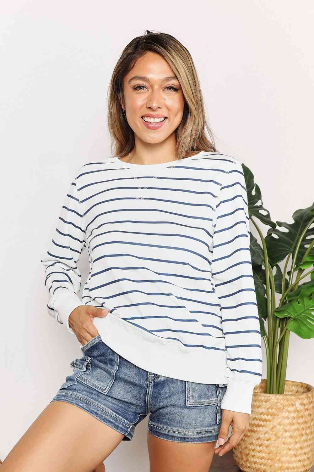 Double Take Striped Long Sleeve Round Neck Top - TikTok - Stripe - Bella Bourget