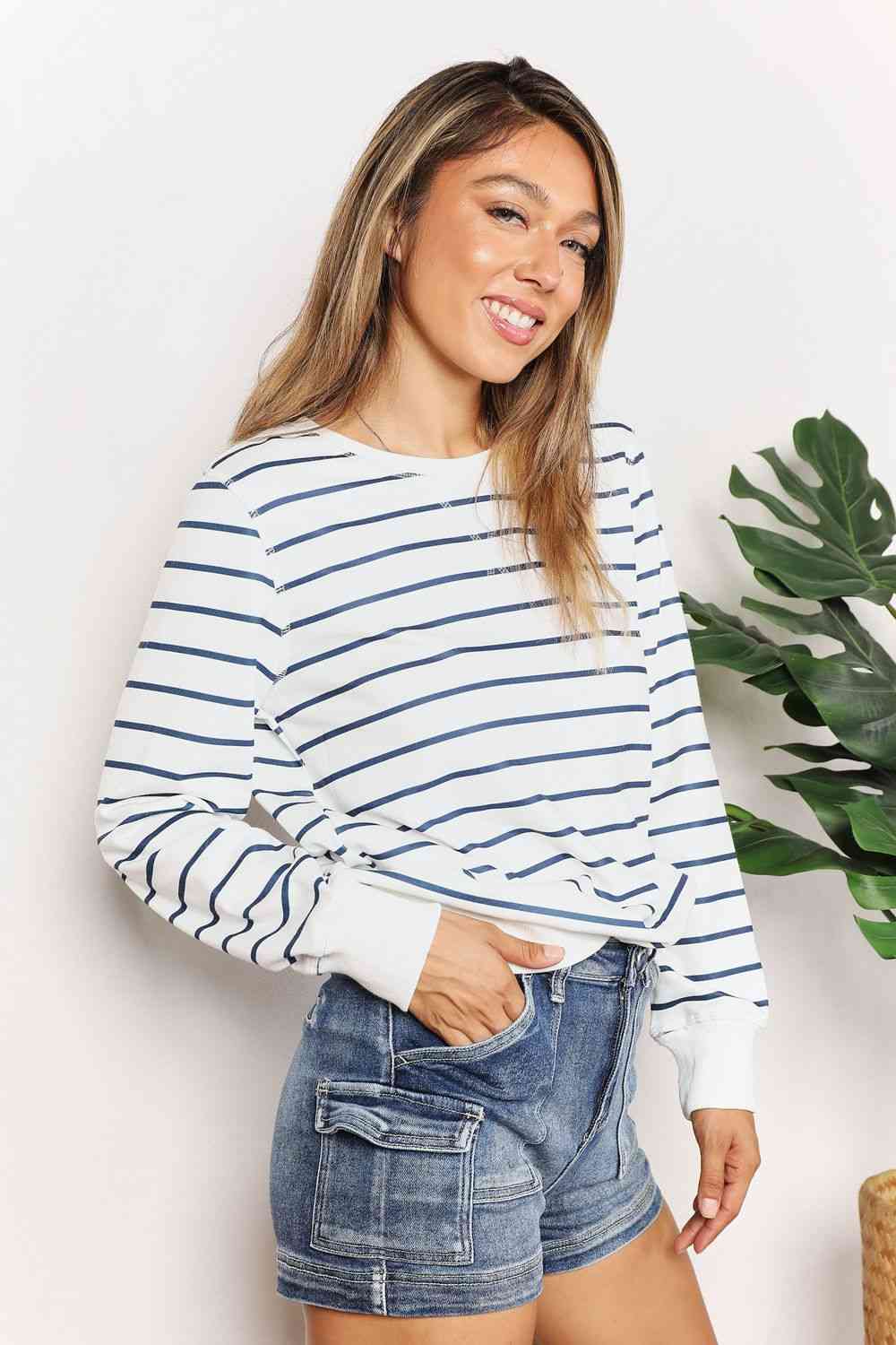 Double Take Striped Long Sleeve Round Neck Top - TikTok - Stripe - Bella Bourget