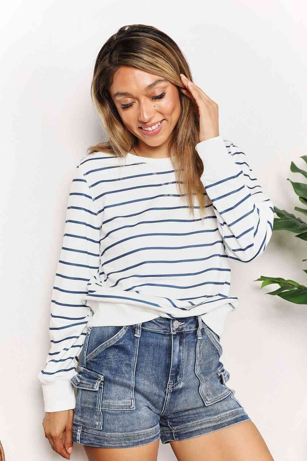 Double Take Striped Long Sleeve Round Neck Top - TikTok - Stripe - Bella Bourget