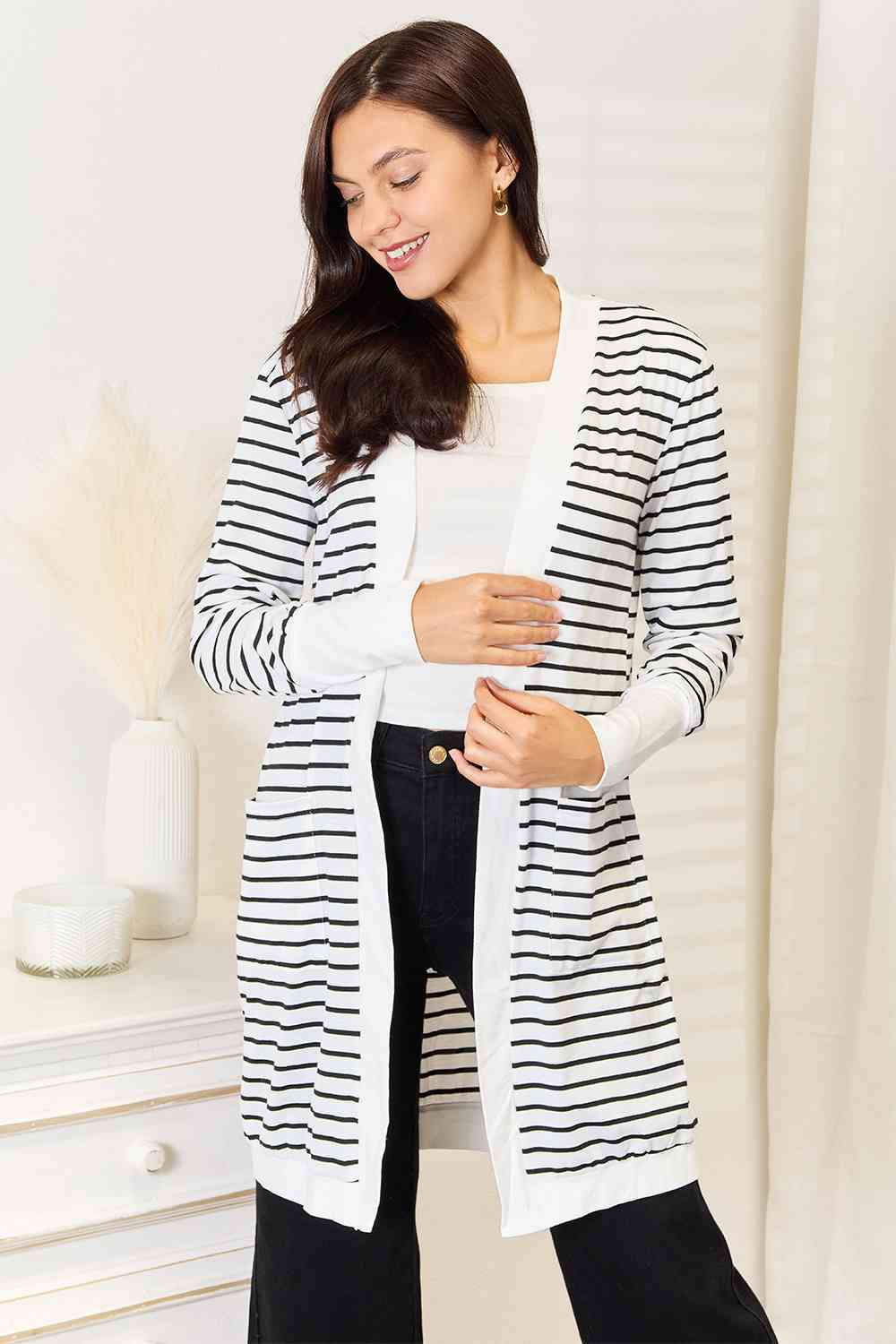 Double Take Striped Open Front Longline Cardigan - TikTok - White - Bella Bourget