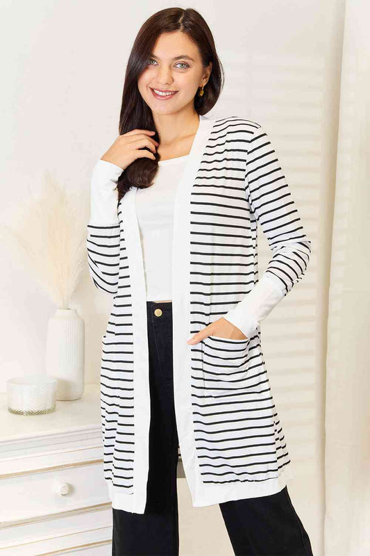 Double Take Striped Open Front Longline Cardigan - TikTok - White - Bella Bourget