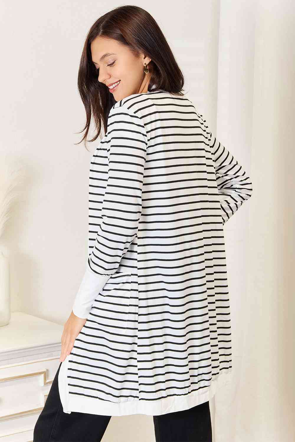 Double Take Striped Open Front Longline Cardigan - TikTok - White - Bella Bourget