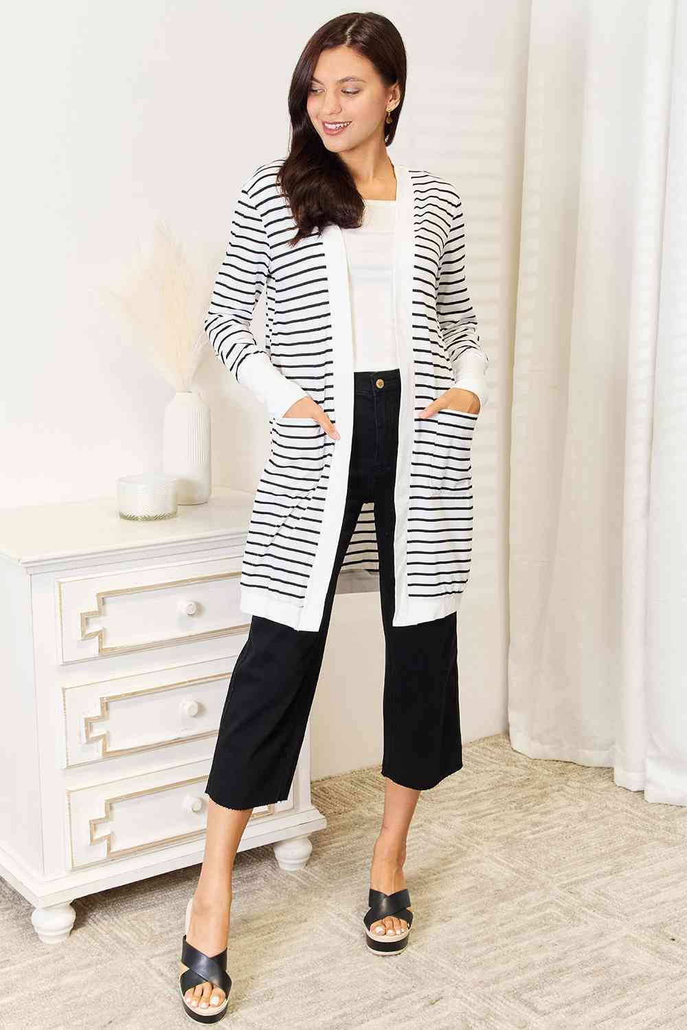 Double Take Striped Open Front Longline Cardigan - TikTok - White - Bella Bourget