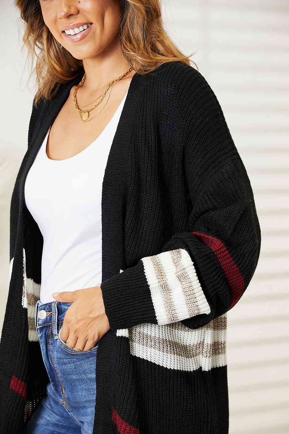 Double Take Striped Rib - Knit Drop Shoulder Open Front Cardigan - Cardigan - Black - Bella Bourget