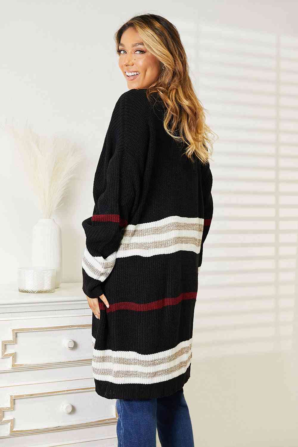 Double Take Striped Rib - Knit Drop Shoulder Open Front Cardigan - Cardigan - Black - Bella Bourget