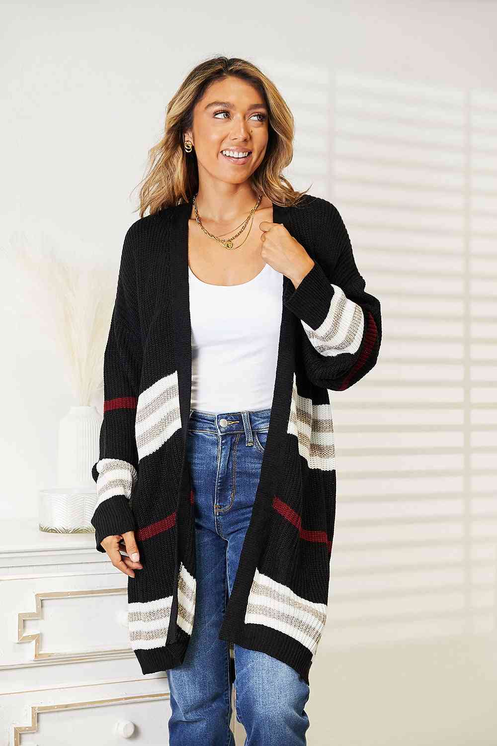 Double Take Striped Rib - Knit Drop Shoulder Open Front Cardigan - Cardigan - Black - Bella Bourget