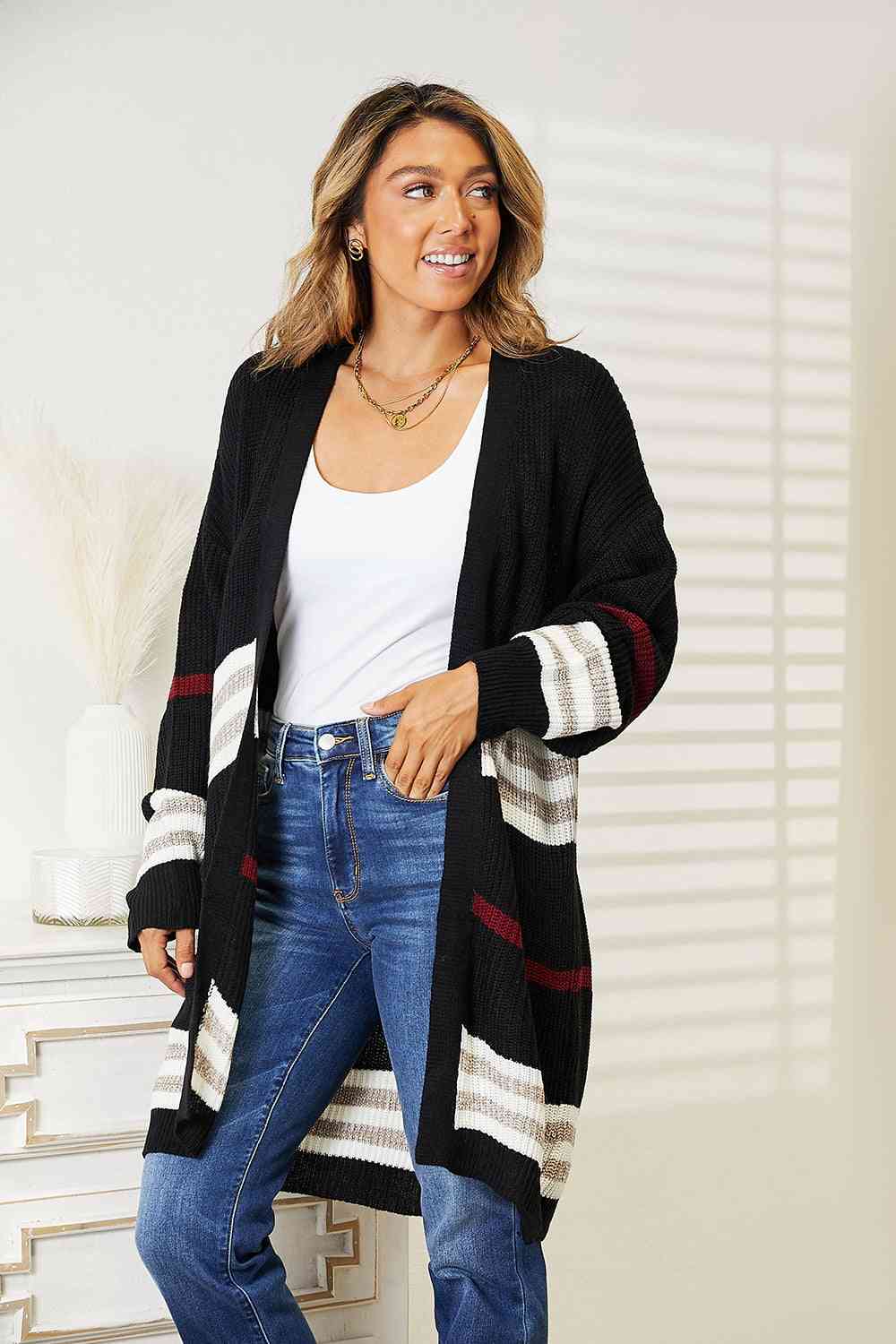 Double Take Striped Rib - Knit Drop Shoulder Open Front Cardigan - Cardigan - Black - Bella Bourget