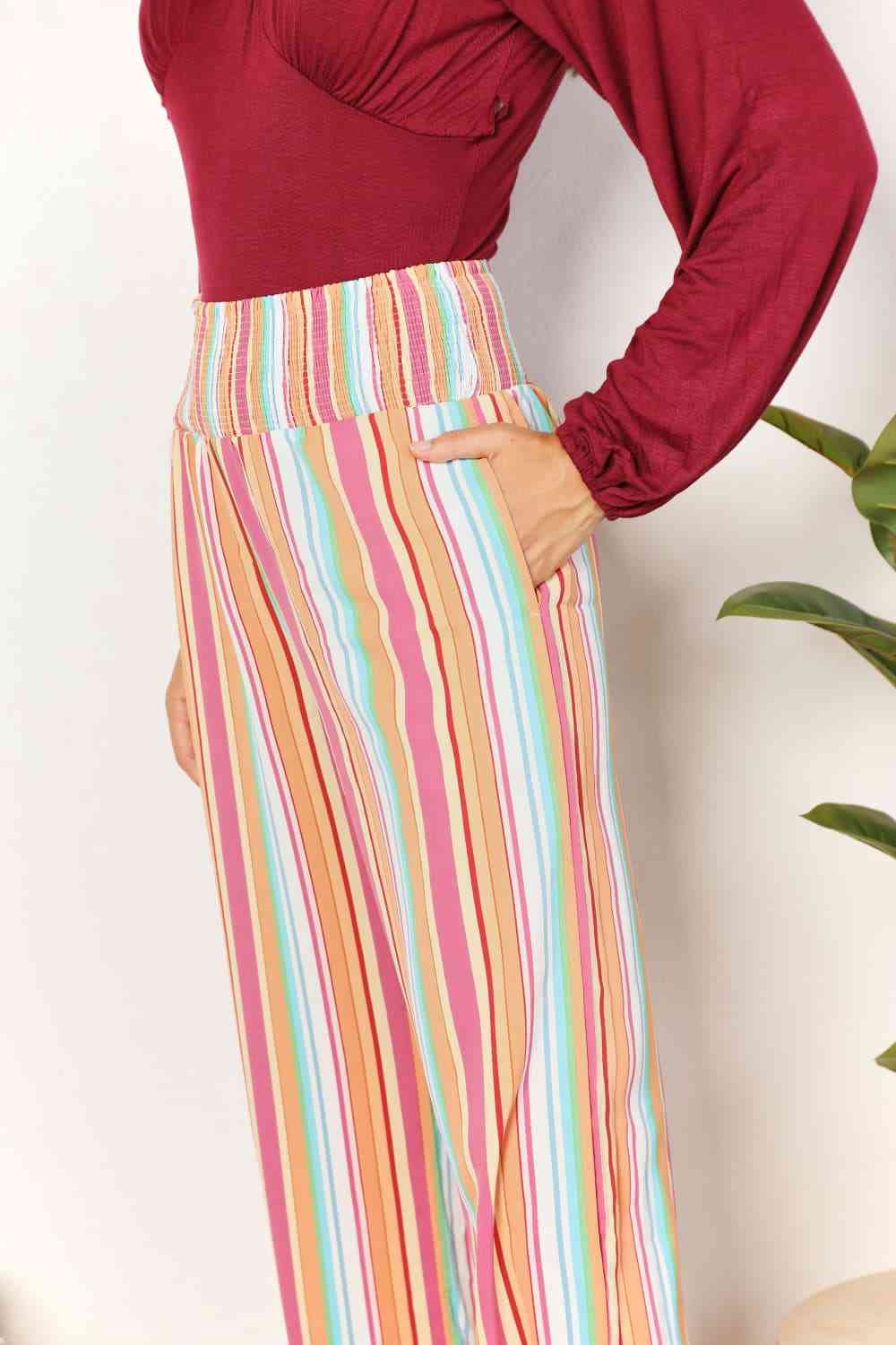 Double Take Striped Smocked Waist Pants with Pockets - TikTok - Multicolor - Bella Bourget