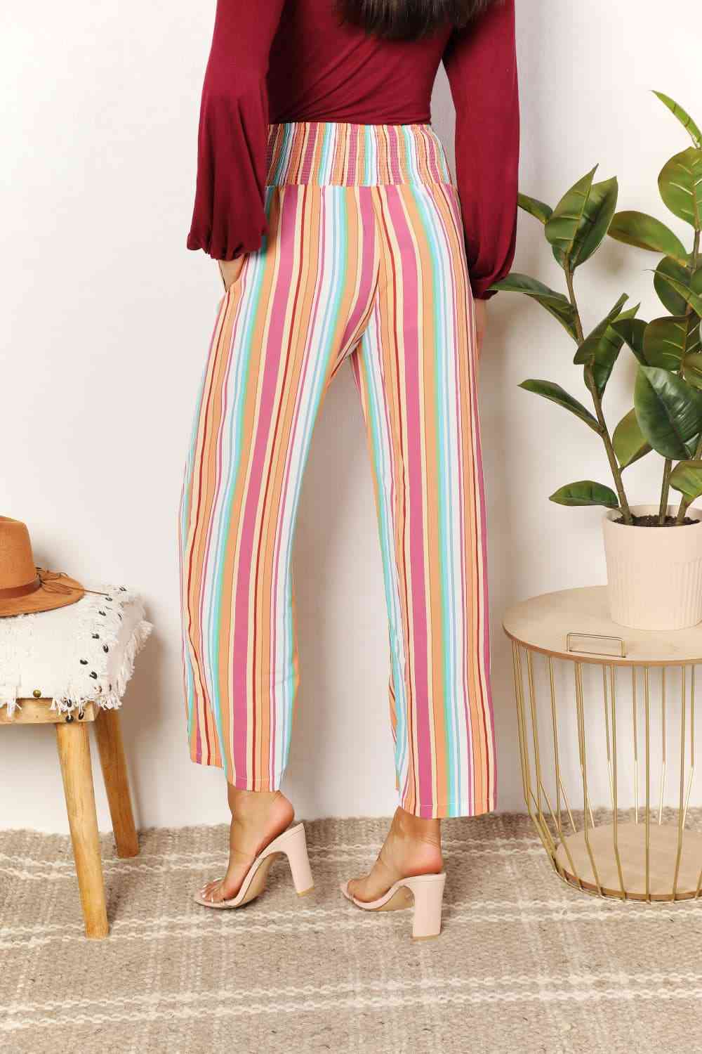 Double Take Striped Smocked Waist Pants with Pockets - TikTok - Multicolor - Bella Bourget